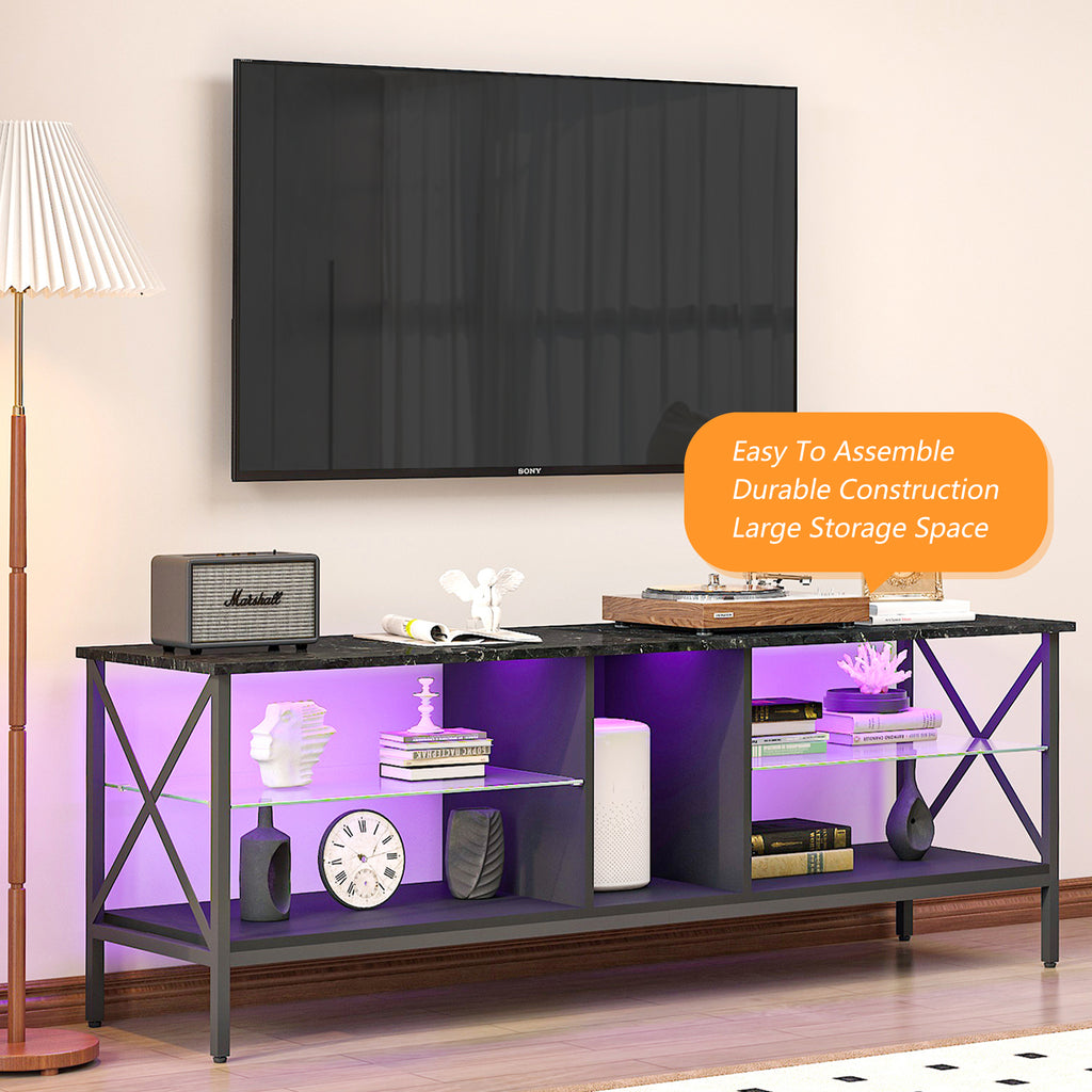 Leoglint TV stand,Iron TV cabinet,entertainment center, TV set, media console, with LED lights, remote control,toughened glass stand,can be placed in the living room, bedroom, color:black with marble texture