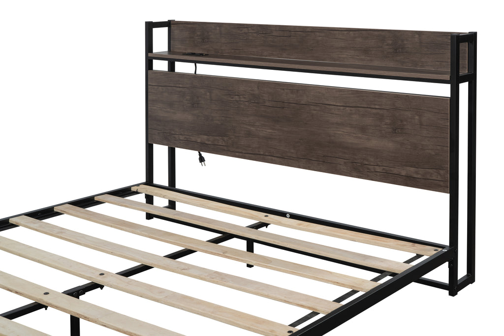 Platform Queen Bed Frame with Socket, Fast Assemble Design