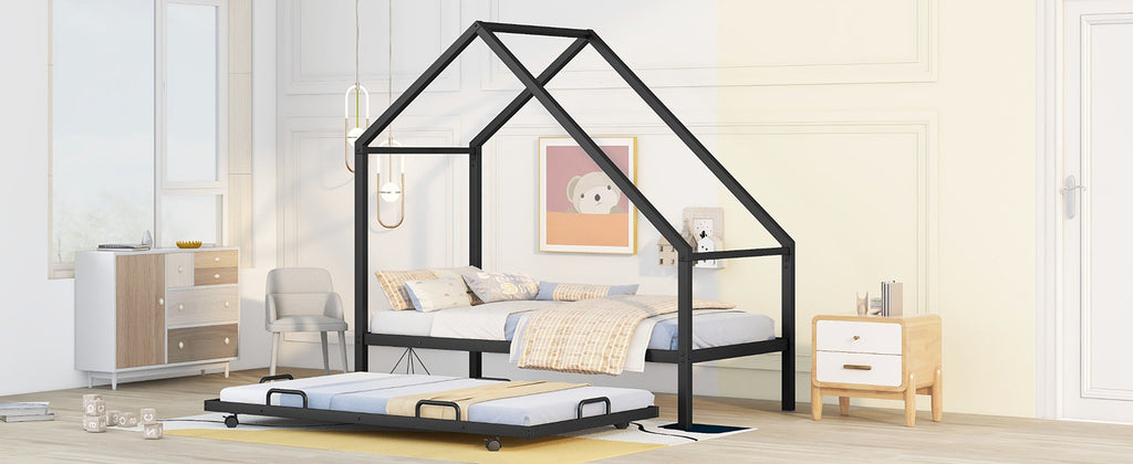 Metal House Bed Frame With Trundle, Twin Size House  Bed Black