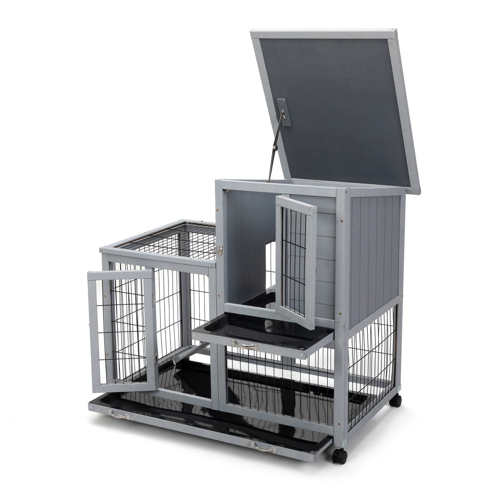 Leoglint Detachable Rabbit Hutch with Removable Tray and Rolling Casters, Gray+White