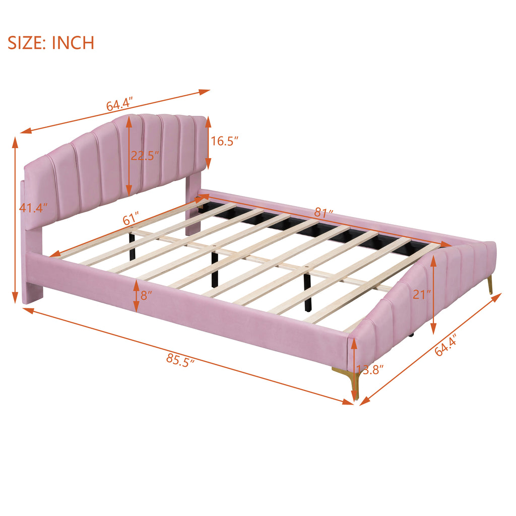 Queen Size Velvet Platform Bed Frame with Thick Fabric, Stylish Stripe Decorated Bedboard and Elegant Metal Bed Leg, Pink