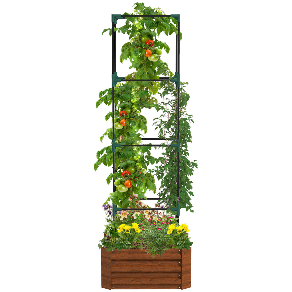 Leoglint Garden Trellis Galvanized Raised Garden Bed, 24" x 24" x 11.75" Outdoor Planter Box with Trellis Tomato Cage and Open Bottom for Climbing Vines, Vegetables, Flowers in Backyard, Garden, Patio, Brown