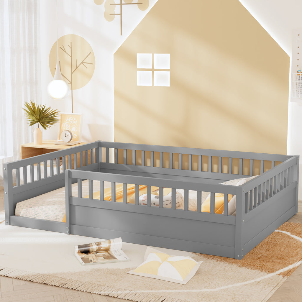 Leoglint Full Floor Bed Frame with Fence, Wood Kids Floor Beds Frame for Bedroom Playroom,Gray(Expect arrive date Jul. 10th)