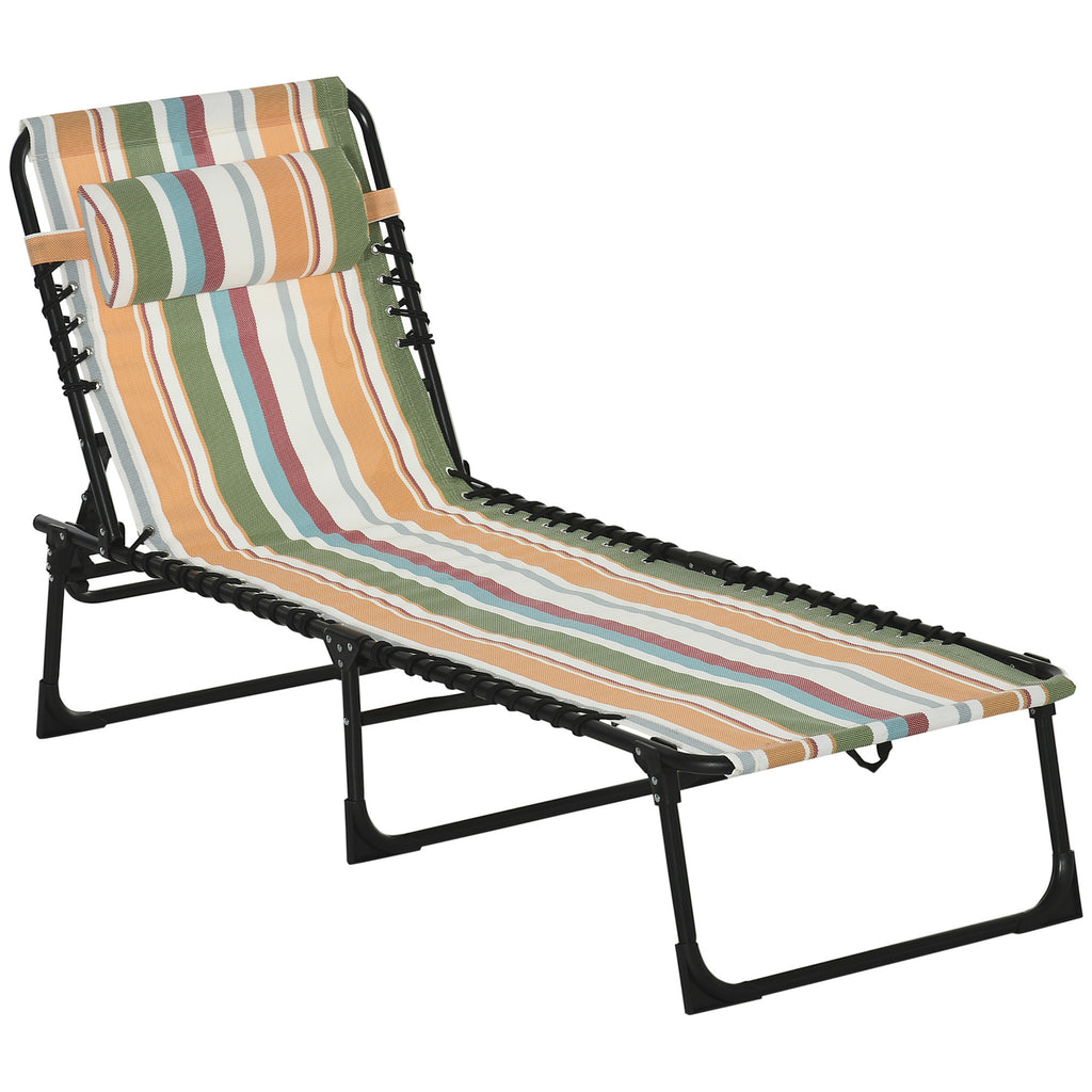 Leoglint Folding Chaise Lounge Pool Outdoor Chair, Patio Sun Tanning Chair, Outdoor Lounge Chair w/ 4-Position Reclining Back, Pillow, Breathable Mesh & Bungee Seat for Beach, Yard, Patio, Rainbow Striped