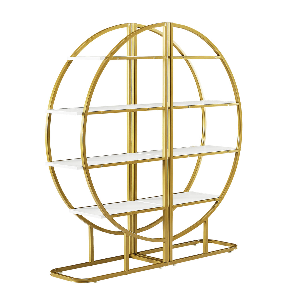 Leoglint 4 Tiers Home Office Open Bookshelf, Round Shape, Different Placement Ways, MDF Board, Gold Metal Frame, White