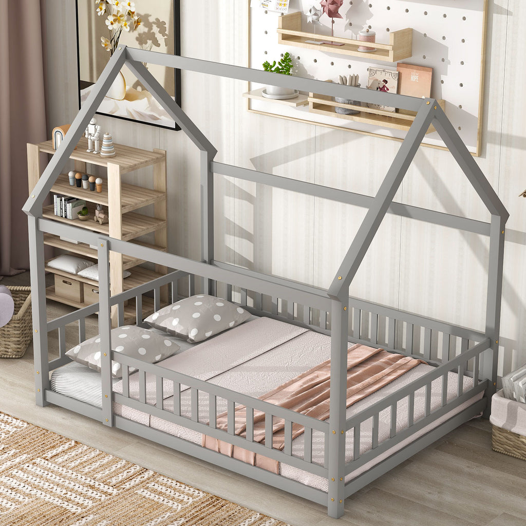 Leoglint Bed Frame Full Size Floor Wooden Bed with House Roof Frame, Fence Guardrails ,Grey