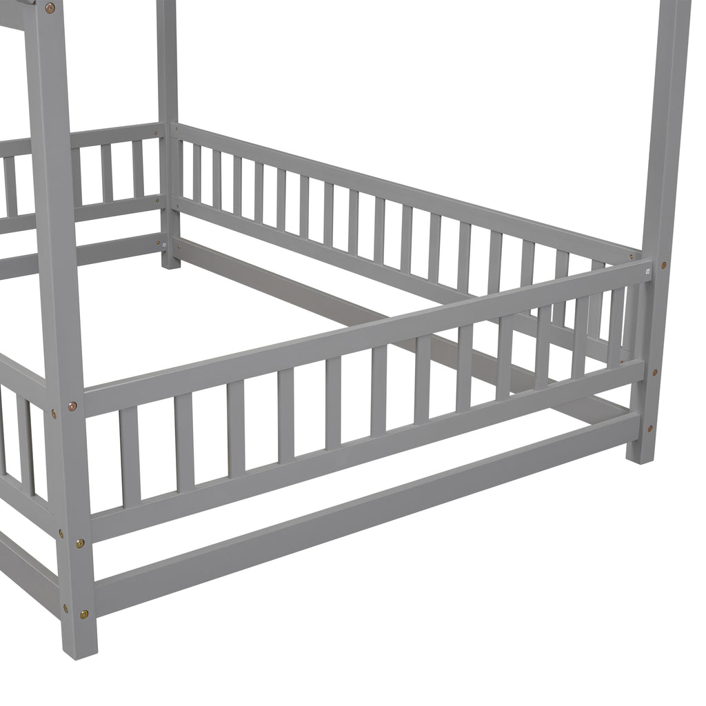 Leoglint Bed Frame Full Size Floor Wooden Bed with House Roof Frame, Fence Guardrails ,Grey