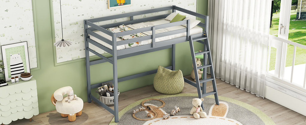 Leoglint Twin Size High Loft Bed Frame with inclined Ladder, Guardrails,Grey