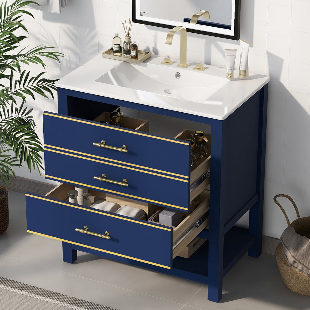 Leoglint [Viedo]Modern 30inch Navy Blue/White Bathroom Vanity Cabinet Combo with OpenStorge, Two Drawers