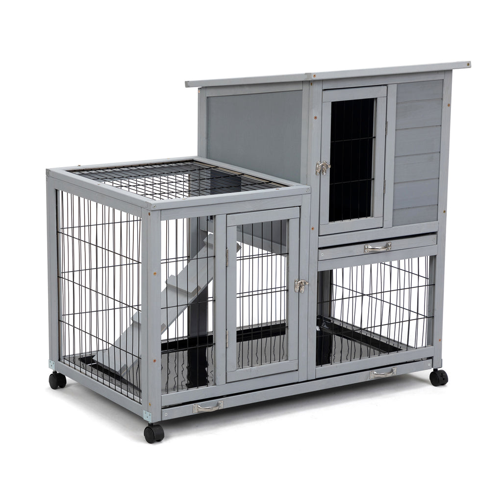 Leoglint Detachable Rabbit Hutch with Removable Tray and Rolling Casters, Gray+White