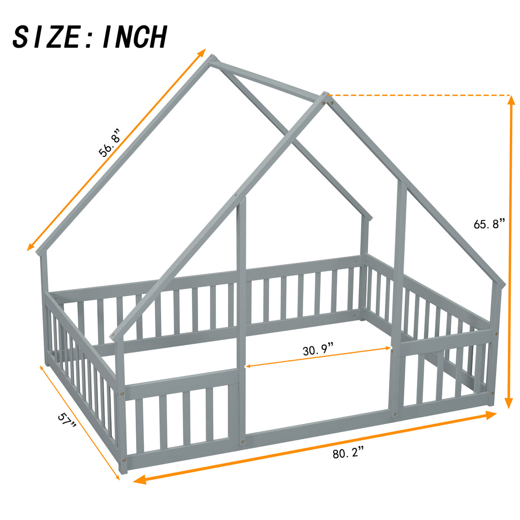 Leoglint Full Wood House-Shaped Floor Bed Frame with Fence, Guardrails,Grey