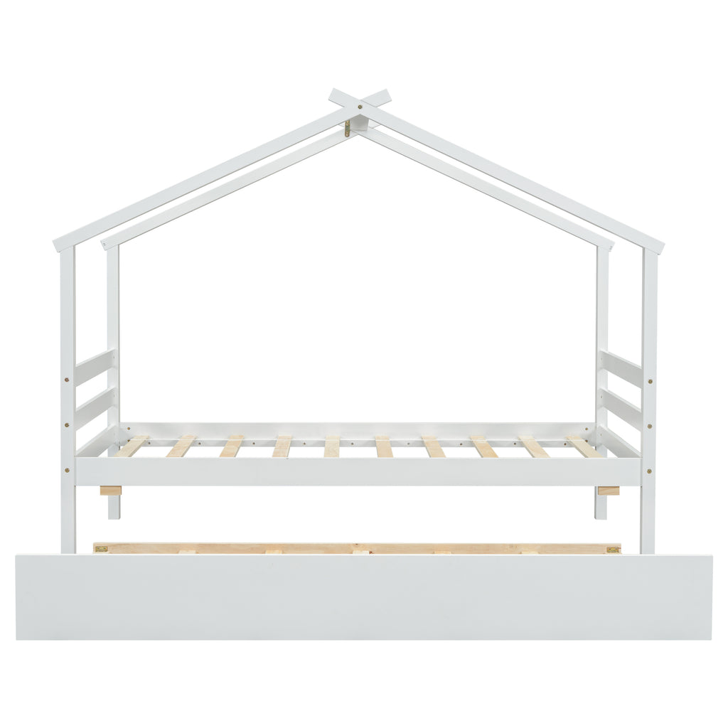 Leoglint Twin Size  House-shaped Bed Frame with Trundle,White