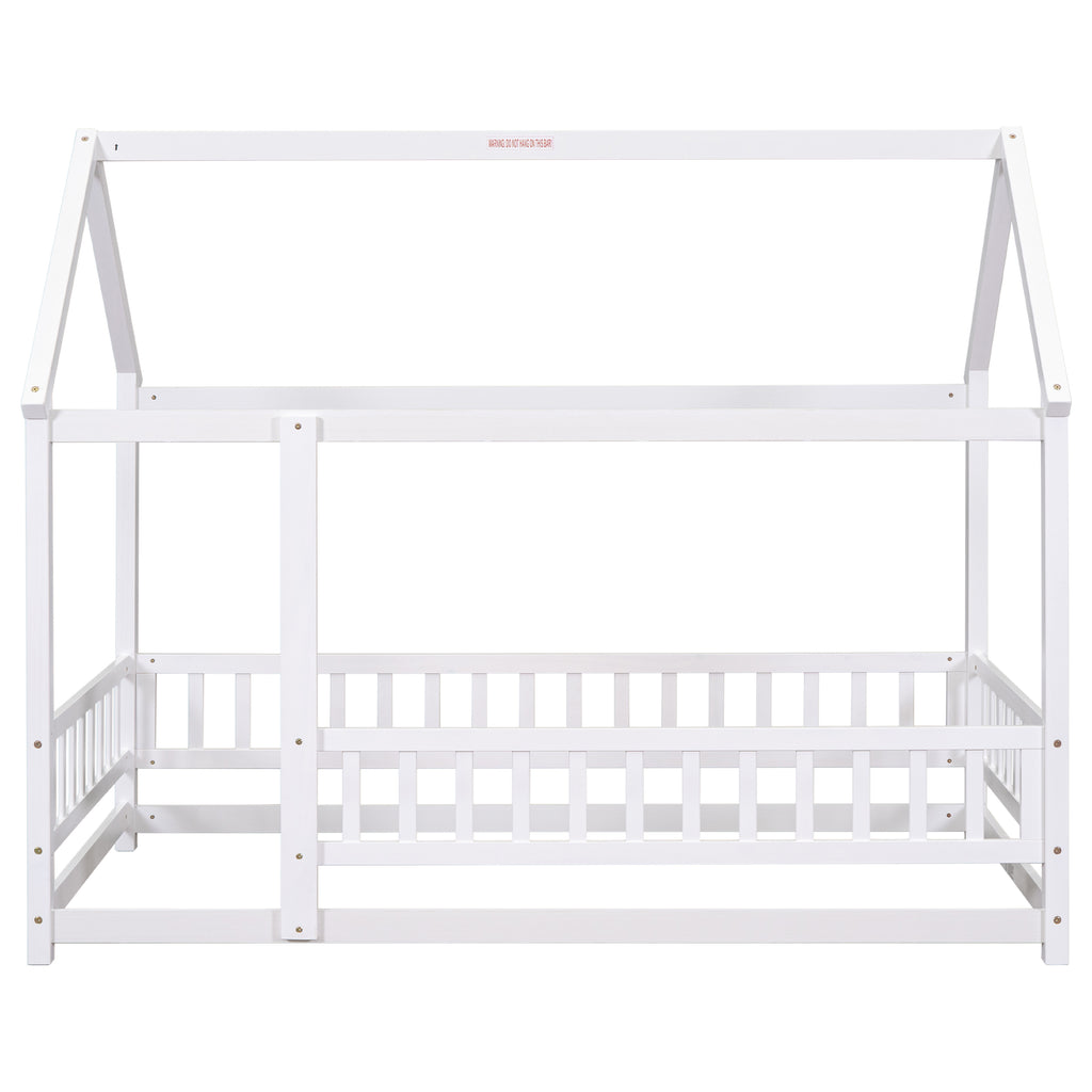 Leoglint Twin Size Floor Wooden Bed Frame with House Roof Frame, Fence Guardrails,White(Old SKU:W1791106615)