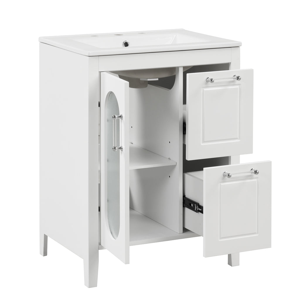 Leoglint 24" Bathroom Vanity with Sink, Bathroom Vanity Cabinet with Two Drawers and Door, Adjustable Shelf, Solid Wood and MDF, White