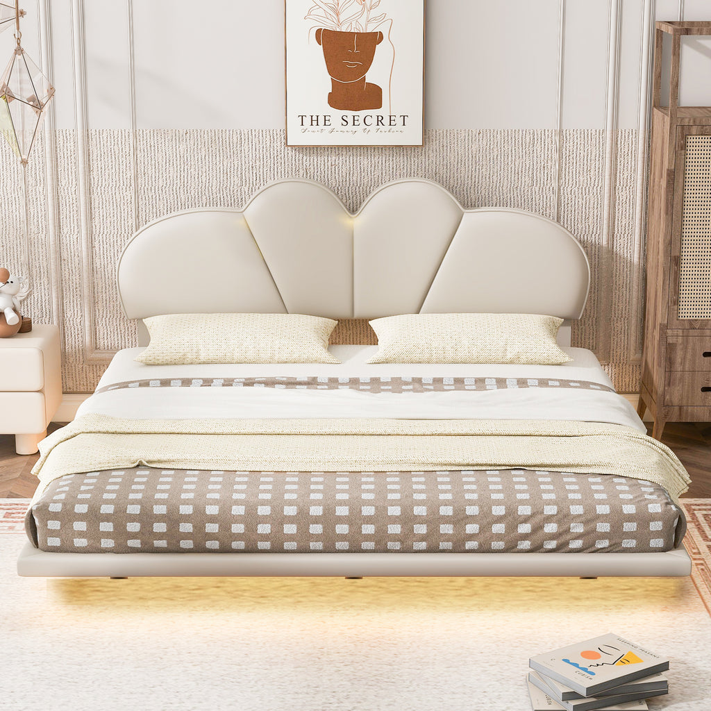 Queen Size Upholstery LED Floating Bed Frame with PU Leather Headboard and Support Legs,Beige