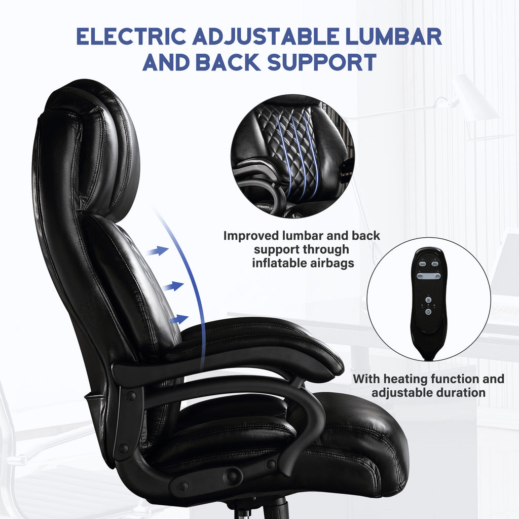 Leoglint Big and Tall Office Chair, 500lbs High Back Large Executive Chair with Electric Airbag Heating High Back Computer Chair with Wide Seat, Black Ergonomic Leather Rocking Chair