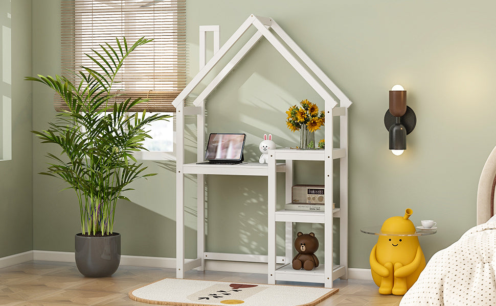 Leoglint House-shaped Wooden writing Desk,Kids study Table,Bookshelf & Toy Storage,White