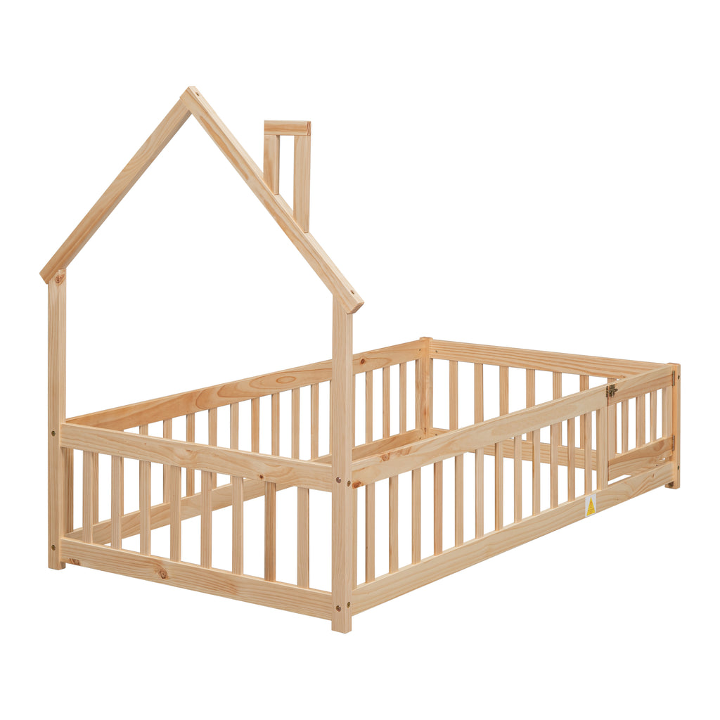 Twin House-Shaped Headboard Floor Bed Frame with Fence,Natural