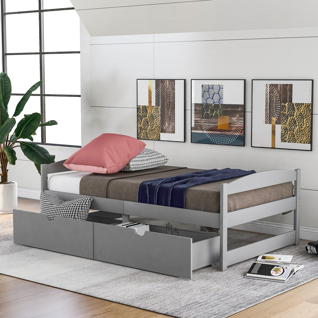 Leoglint Twin size platform bed frame, with two drawers, gray