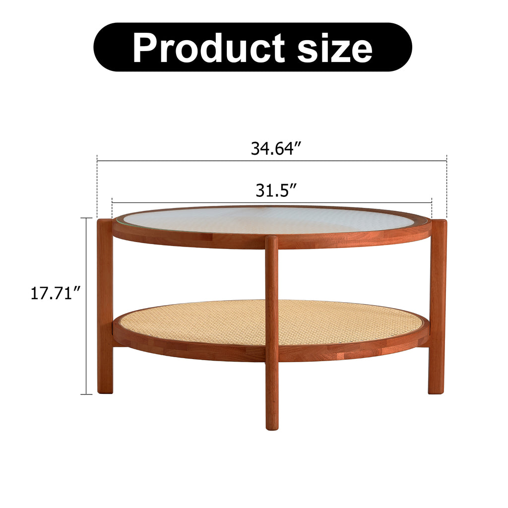 Leoglint Modern minimalist circular double-layer solid wood coffee table, craft glass tabletop, second layer material: PE rattan, solid wood frame. 34.6 '* 34.6' * 17.7''