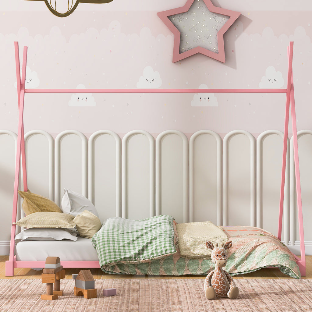 Metal Twin Size House Platform Bed Frame with Triangle Structure, Pink