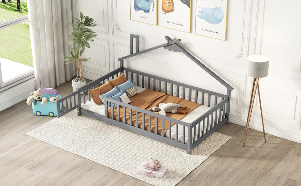 Twin House-Shaped Bedside Floor Bed Frame with Guardrails, Slats, with Door,Grey