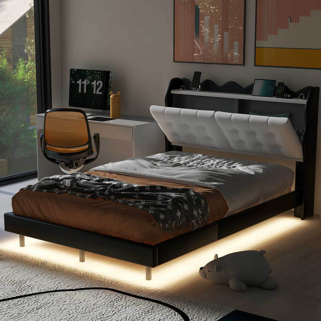 Leoglint Full Size Upholstery Platform Bed Frame with LED Light Strips and Built-in Storage Space,Black