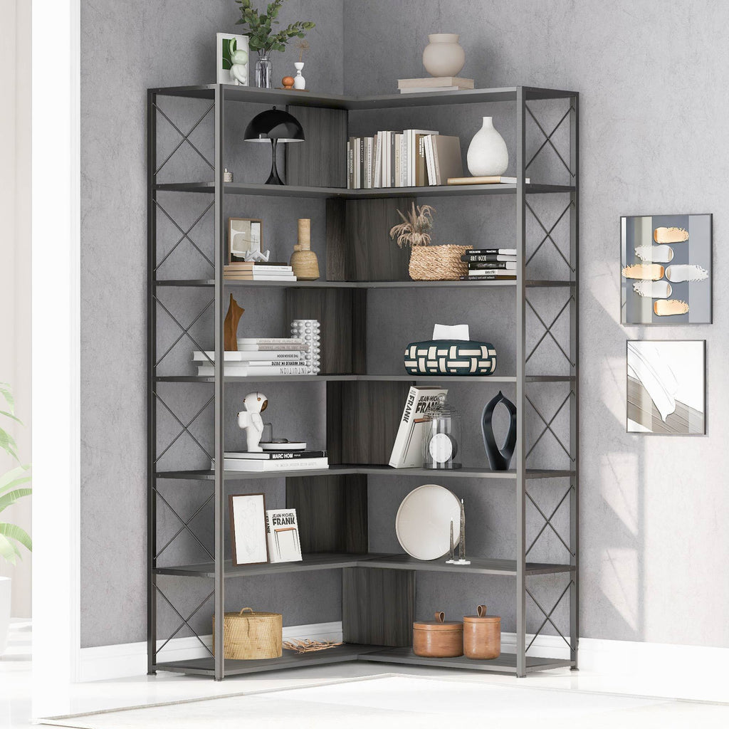 Leoglint Silver+Grey 7-Tier Bookcase Home Office Bookshelf,  L-Shaped Corner Bookcase with Metal Frame, Industrial Style Shelf with Open Storage, MDF Board