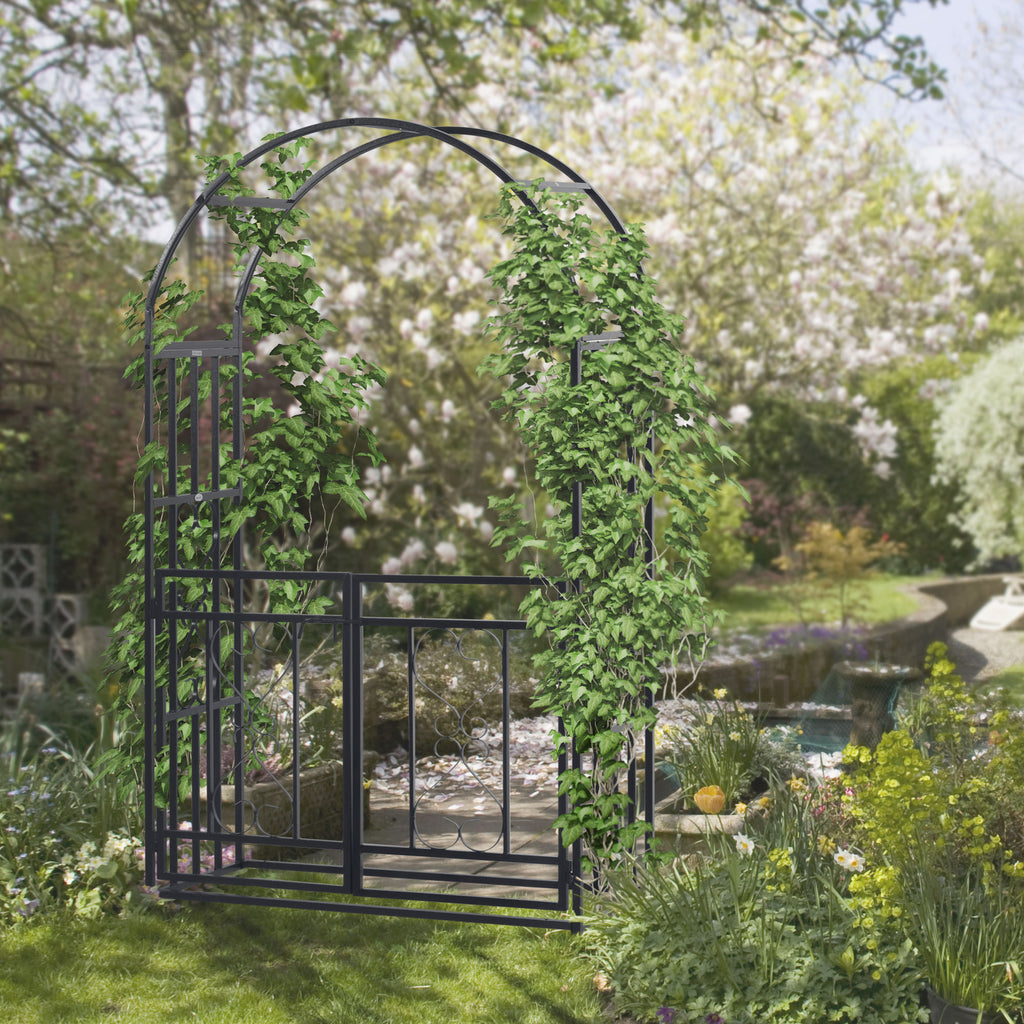 Leoglint 81" Metal Garden Trellis Arbor with Double Doors, Locking Gate, Climbing Vine Frame with Heart Motifs, Arch for Wedding, Bridal Party Decoration, Grey