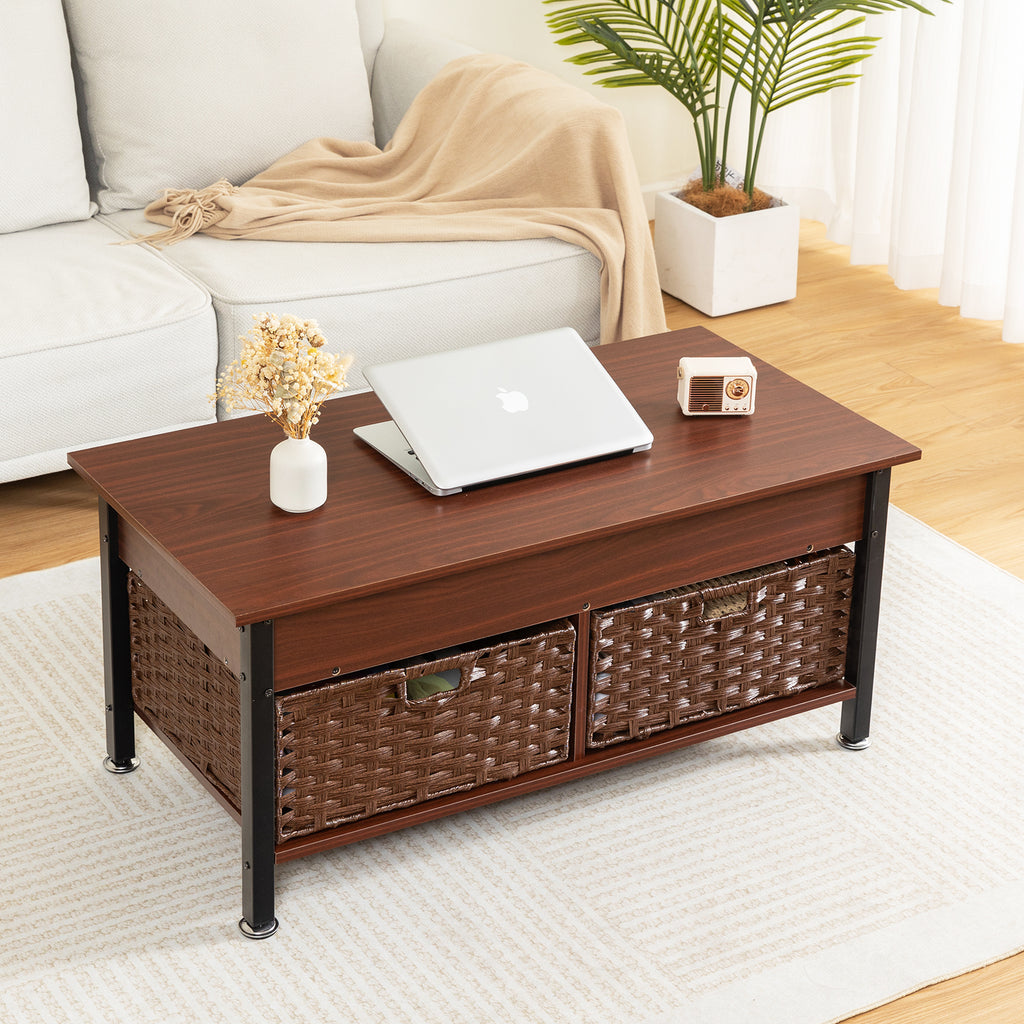 Leoglint Metal coffee table,desk,with a lifting table,and hidden storage space.There were two removable wicker baskets that could be placed in any space such as the living room,color:brownwith solid wood grain