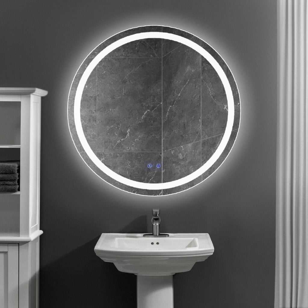 Leoglint 32 x 32 Inch Round Frameless LED Illuminated Bathroom Mirror, Touch Button Defogger, Metal, Frosted Edges, Silver