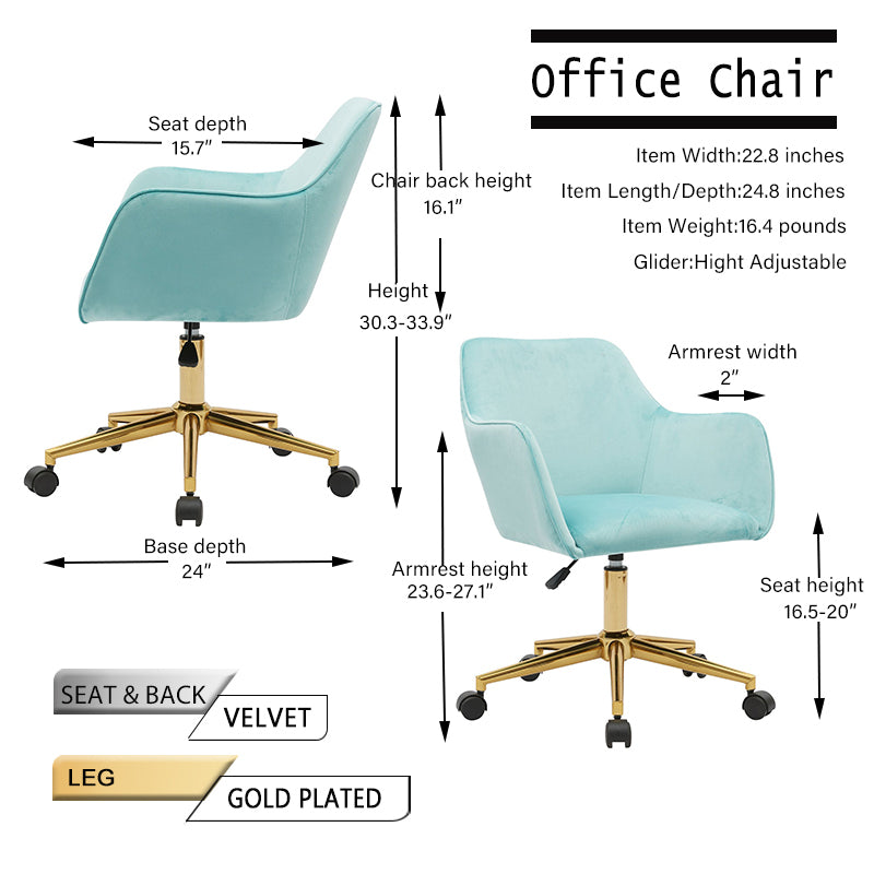 Leoglint Modern Velvet Fabric Material Adjustable Height 360 revolving Home Office Chair with Gold Metal Legs and Universal Wheels for Indoor,Aqua Light Blue