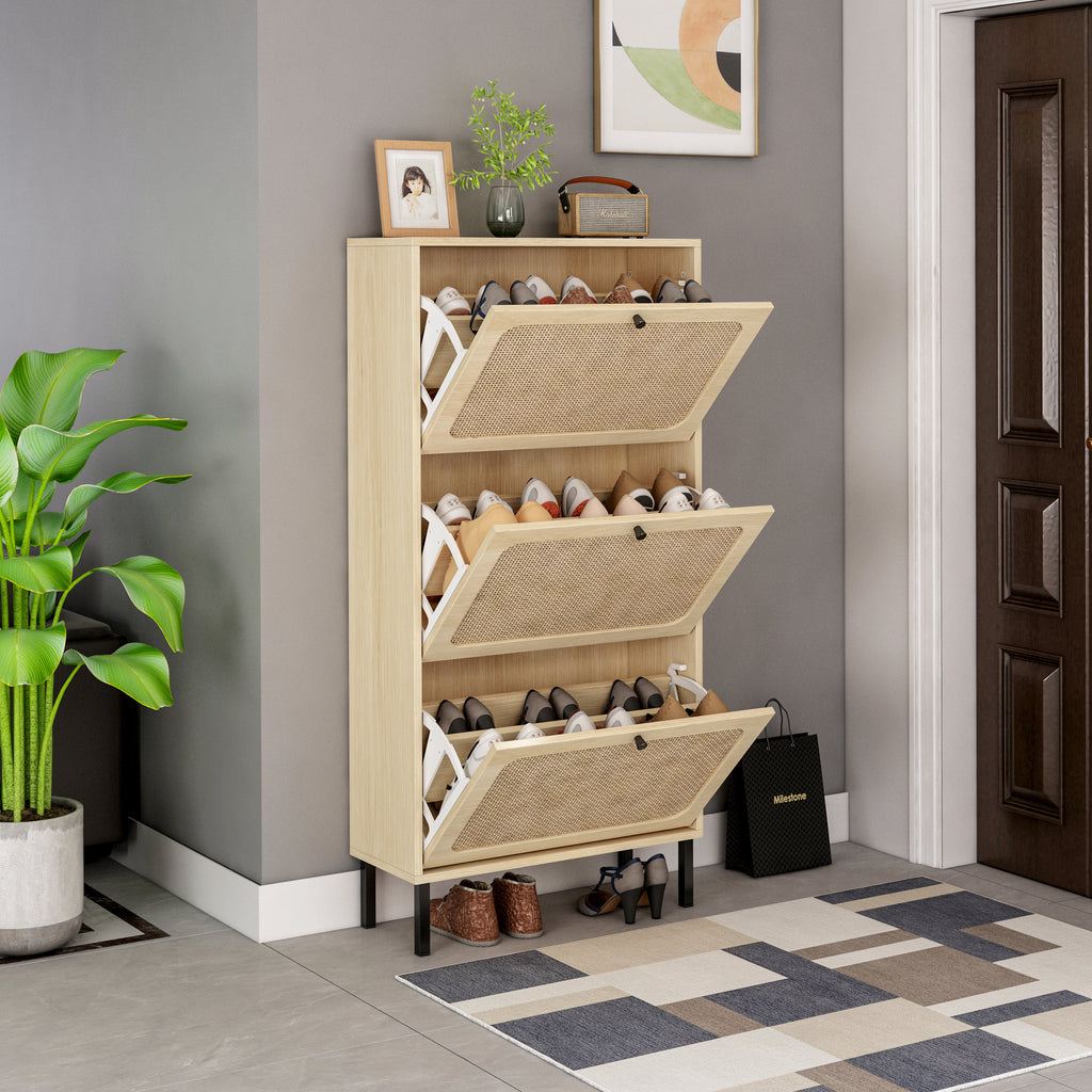 Leoglint Natural  Rattan 3 Door Shoe Rack, Freestanding Modern Shoe Storage Cabinet, for Entryway