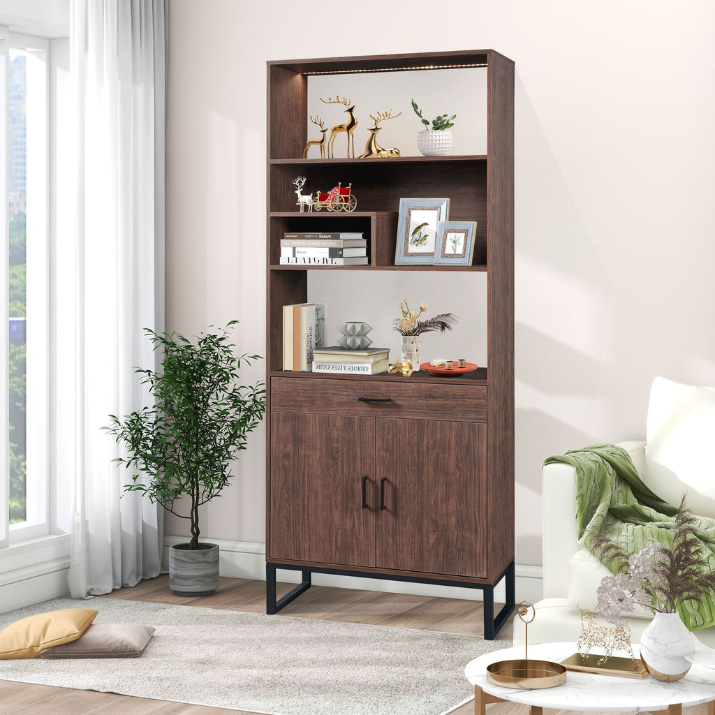 Leoglint 75.9"Modern Open Bookshelf with Doors, Bookcase with Storage drawer and LED Strip Lights,Free Standing Display Rack,Wooden Tall Bookshelf for Living Room and Office, Walnut