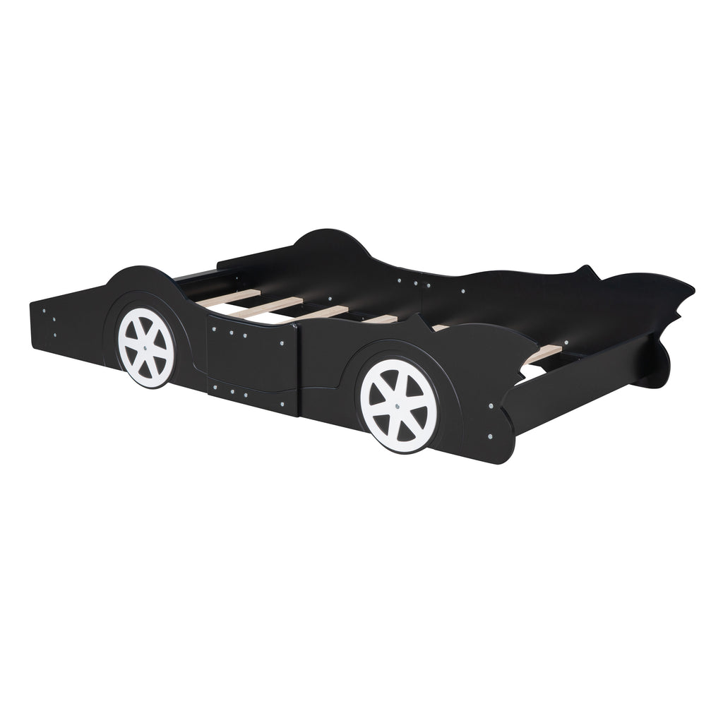 Leoglint Twin Size Race Car-Shaped Platform Bed Frame with Wheels,Black