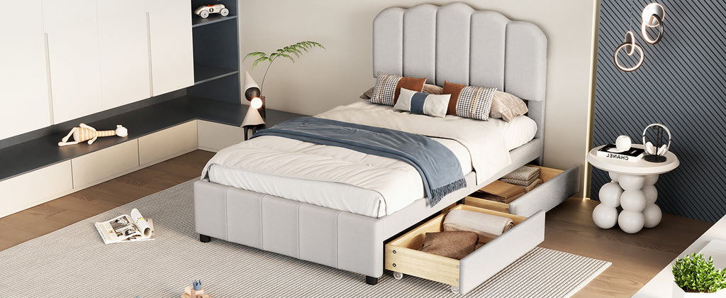 Leoglint Twin Size Upholstered Bed Frame with 2 Storage Drawers,Wood Slat Support, Beige