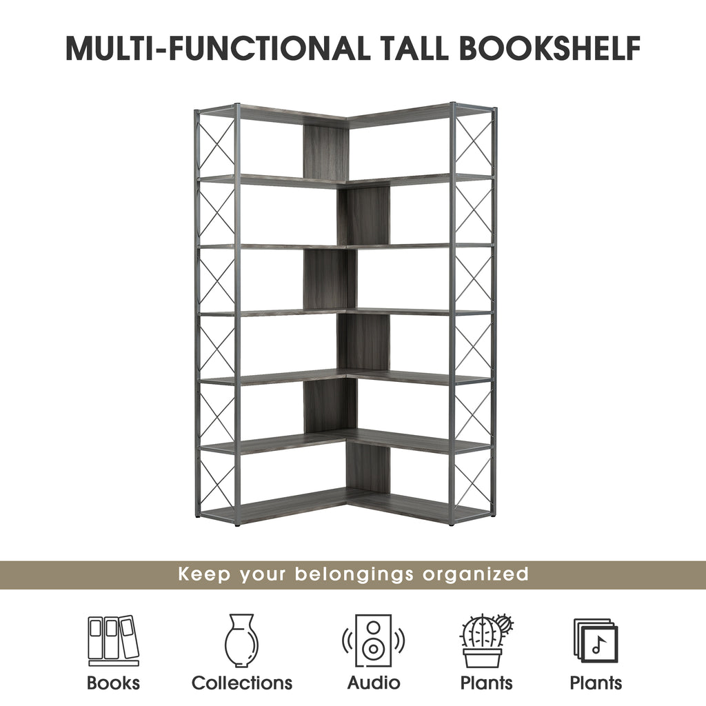 Leoglint Silver+Grey 7-Tier Bookcase Home Office Bookshelf,  L-Shaped Corner Bookcase with Metal Frame, Industrial Style Shelf with Open Storage, MDF Board