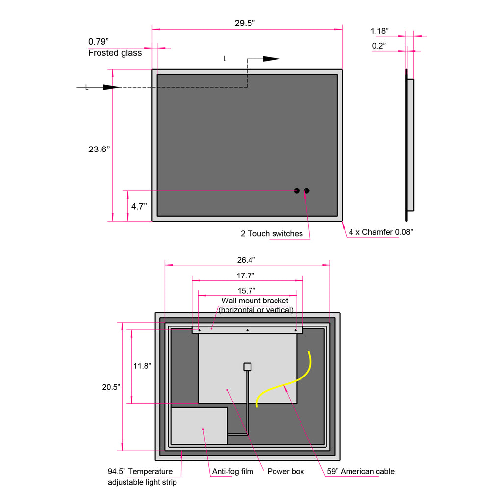 Leoglint 30" W x 24" H Modern Wall Mounted LED Backlit Anti-Fog Rectangular Bathroom Mirror with US standard plug, Temperature Adjustable and Memory Function Touch Switch