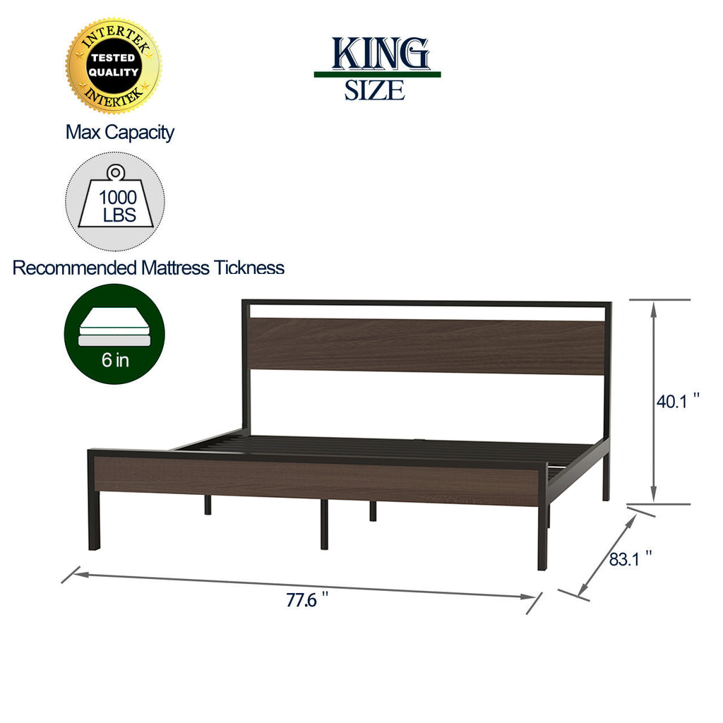 Leoglint Bed Frame Ceres Metal Bed, Black with Walnut wood Headboard&Footboard, King