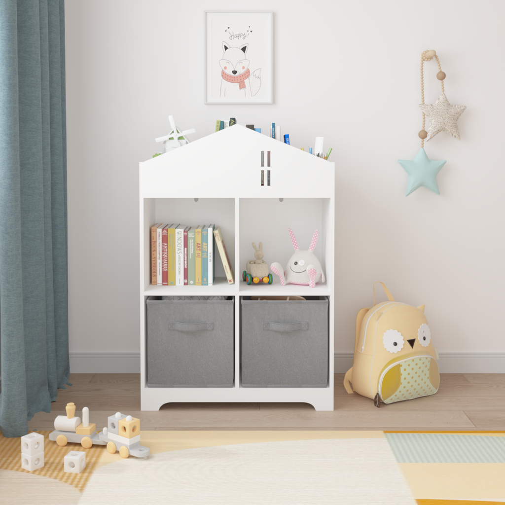 Leoglint Kids Dollhouse Bookcase with Storage, 2-Tier Storage Display Organizer, Toddler Bookshelf with 2 Collapsible Fabric Drawers for Bedroom or Playroom (White/Gray)