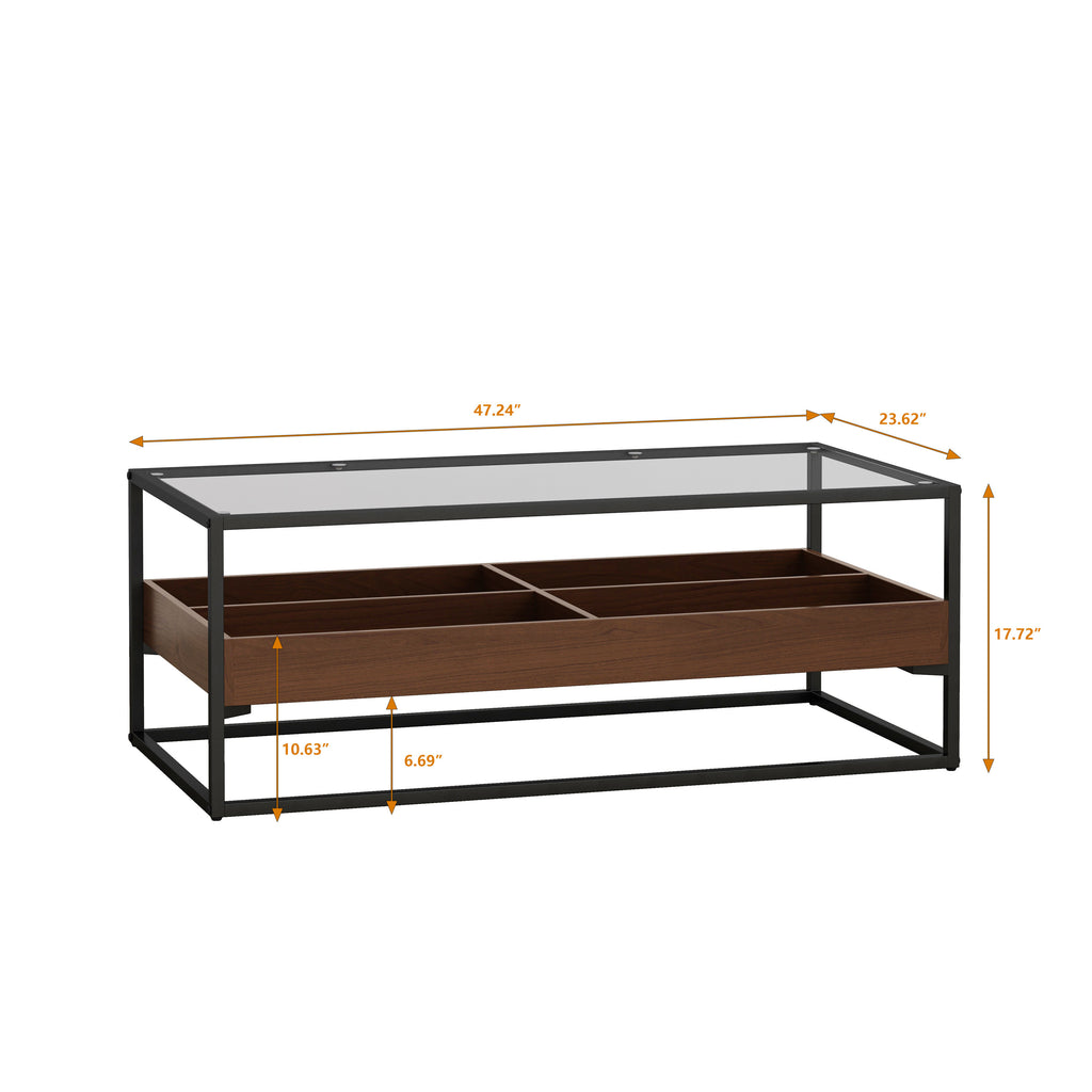 Leoglint 47.24"Rectangle Glass Coffee Table with storage shelf and metal table legs , Home Furniture for Living Room