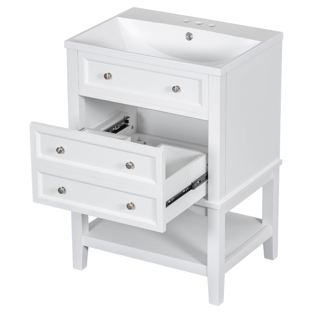 Leoglint 24" Bathroom Vanity With Sink, Bathroom Storage Cabinet with Drawer and Open Shelf, Solid Wood Frame, White