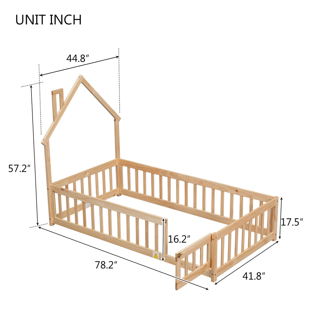 Twin House-Shaped Headboard Floor Bed Frame with Fence,Natural