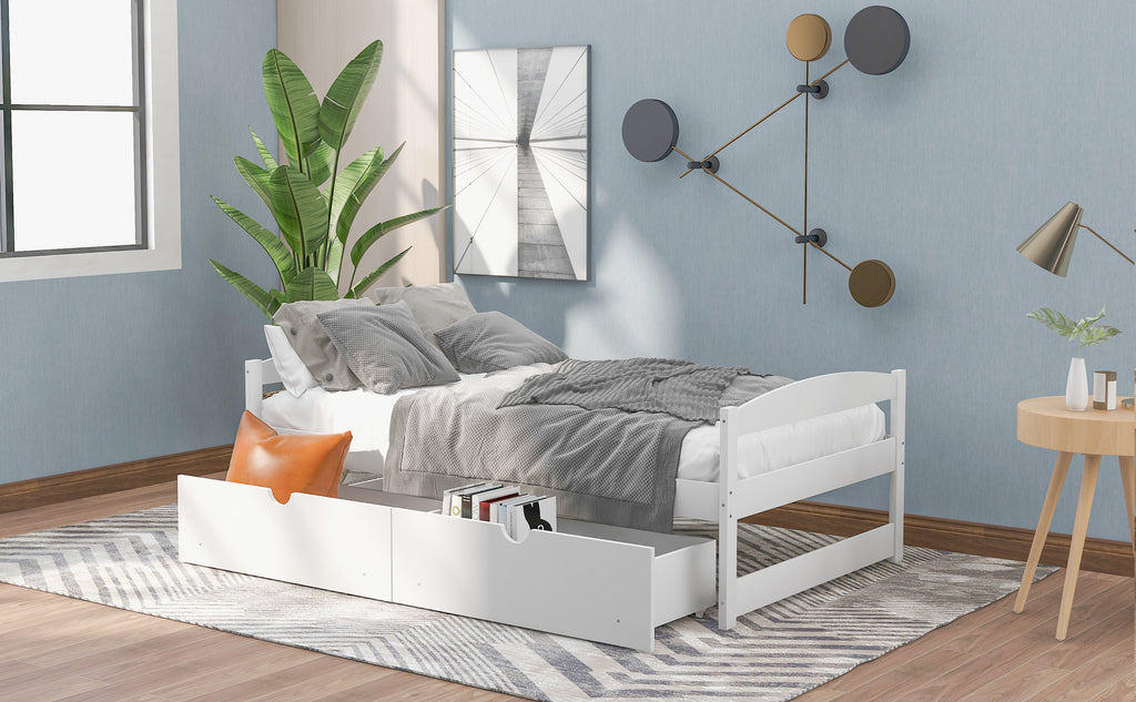 Leoglint Twin size platform bed frame, with two drawers, white