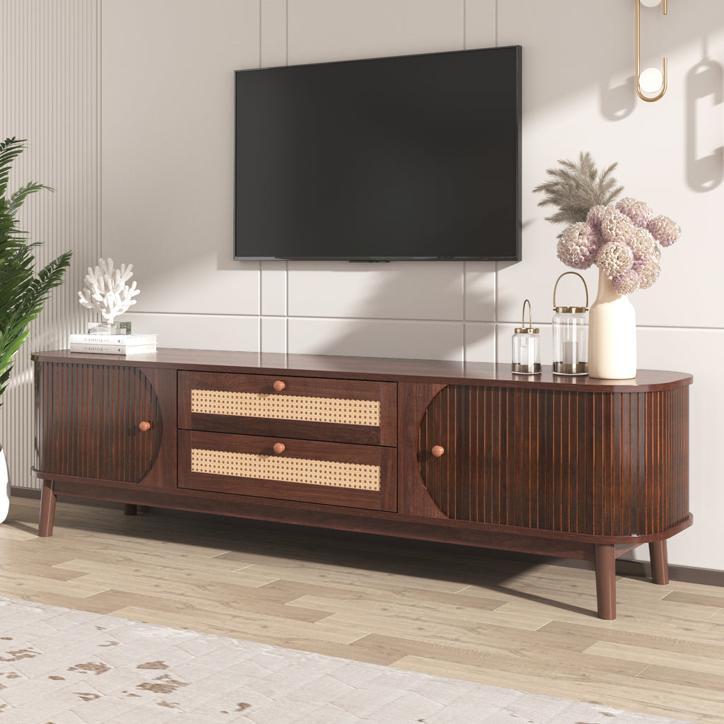 Leoglint Rattan TV Stand for TVs up to 75'', Modern Farmhouse Media Console, Entertainment Center with Solid Wood Legs, TV Cabinet for Living Room,Home Theatre