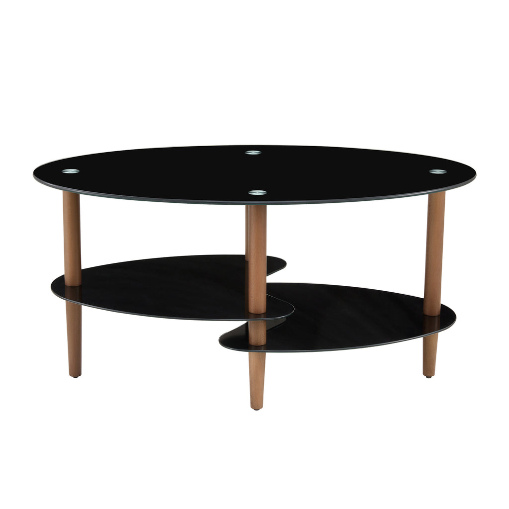 Leoglint Black Oval glass coffee table, modern table in living room Oak wood leg tea table 3-layer  tempered glass table