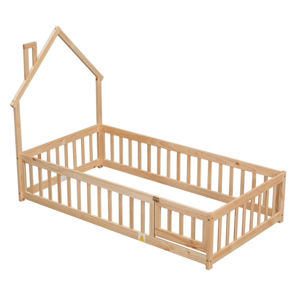 Twin House-Shaped Headboard Floor Bed Frame with Fence,Natural