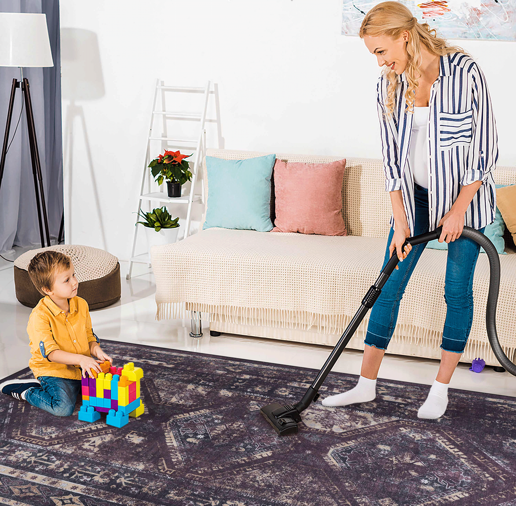 Leoglint 4x6 Area Rugs, Washable Rug, Low-Pile, Non-Slip, Non-Shedding, Foldable, Kid & Pet Friendly - Area Rugs for living room, bedroom, kitchen, dining room rug - Perfect Gift, (Black+Burgundy, 4'x 6')