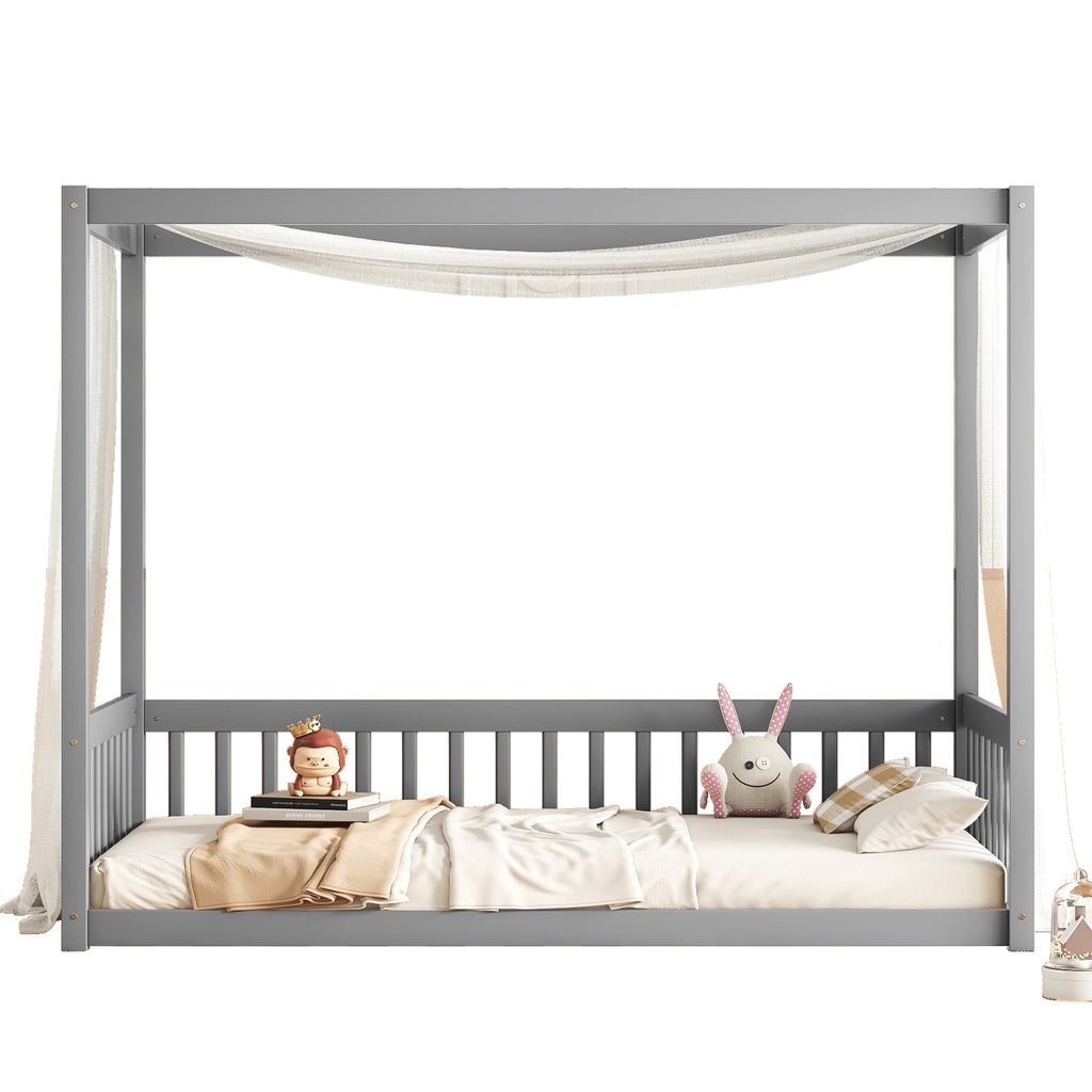 Leoglint Twin Size Canopy Frame Floor Bed Frame with Fence, Guardrails,Grey