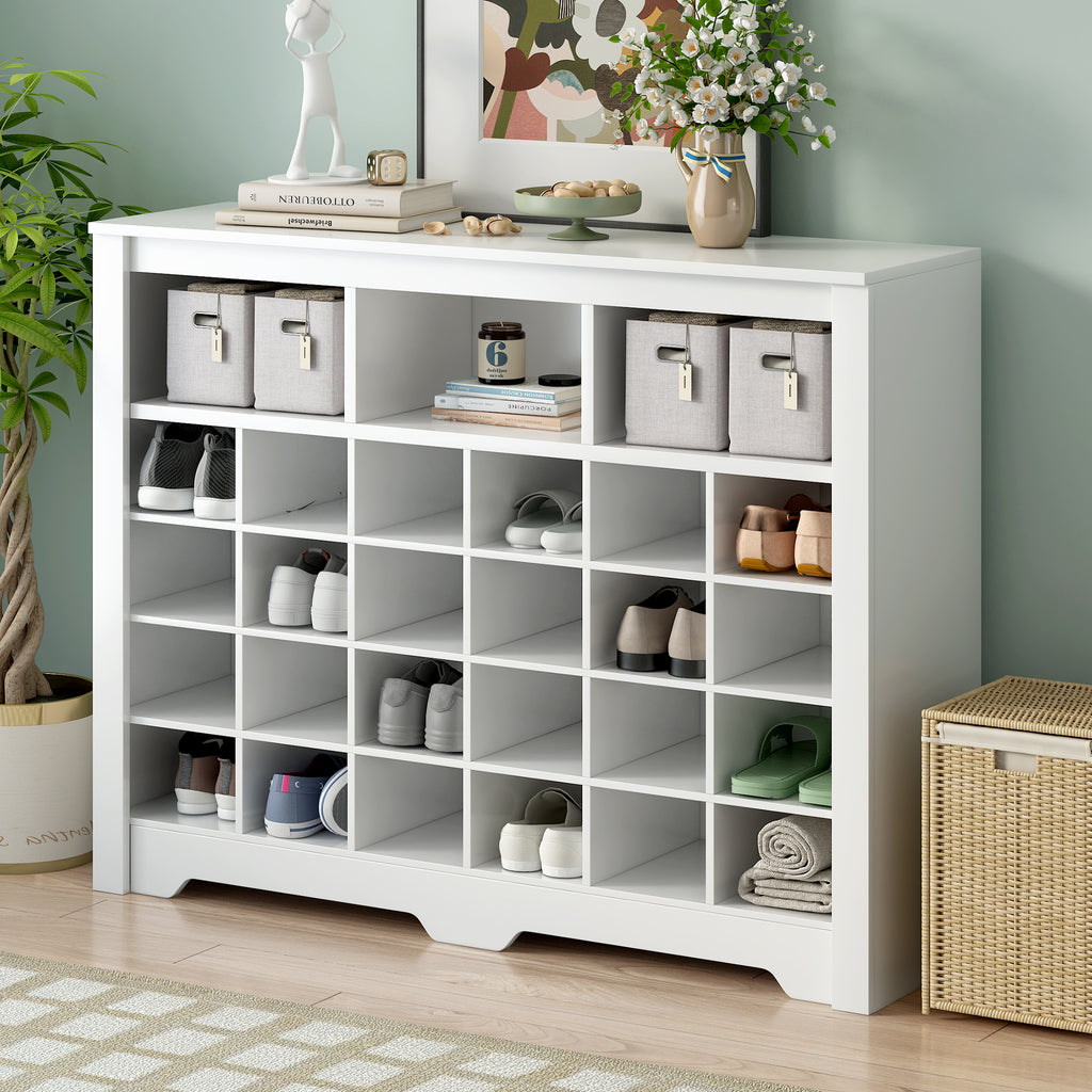 Leoglint ON-TREND Sleek Design 24 Shoe Cubby Console, Modern Shoe Cabinet with Curved Base, Versatile Sideboard with High-quality for Hallway, Bedroom, Living Room, White